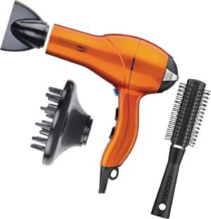 71mWtLAInEL._AC_SL1500_.jpg INFINITIPRO by CONAIR Hair Dryer with Diffuser | Salon Performance AC Motor Blow Dryer | Includes Diffuser, Concentrator and Bonus Blow-Out Brush | Orange | Packaging May Vary
