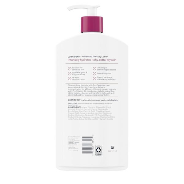 Lubriderm Advanced Therapy Fragrance Free Hand & Body Lotion + Pro-Ceramide, Intense Hydration for Itchy, Extra Dry, & Sensitive Skin, Non-Greasy, Hypoallergenic, Value Size, 32 fl. oz