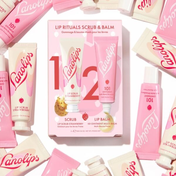 Lanolips Strawberry Lip Scrub & Lip Balm Set - Lip Rituals Lip Care Kit Infused with Pure Lanolin & Strawberry Extract - Gently Smoothes and Hydrates Dry Skin (2 Count)