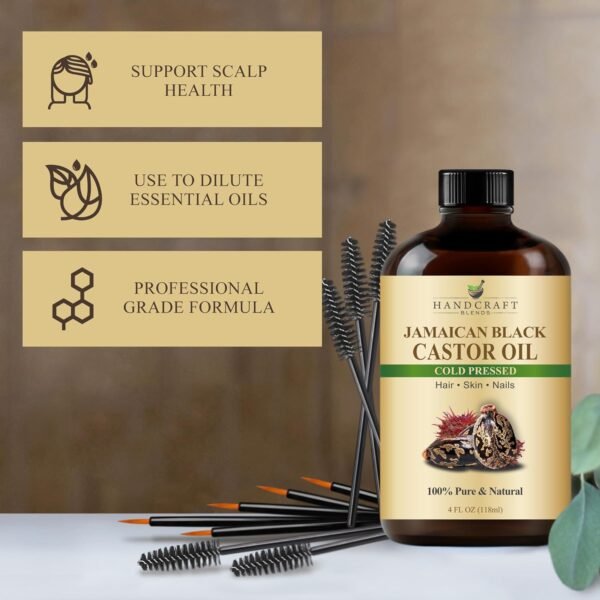 71nNkVc1d8L._SL1500_.jpg Handcraft Blends Cold-Pressed Jamaican Black Castor Oil in Glass Bottle with Lash Brushes - 4 Fl Oz - 100% Pure and Natural - Premium Grade Oil for Hair Growth, Eyelashes and Eyebrows - Hair and Body