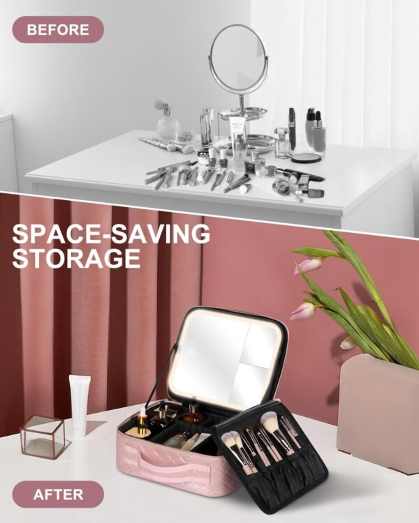 71nPaETYAmL._SL1500_.jpg Travel Makeup Bag with LED Mirror, Makeup Organizer Train Case with 1X,2X,3X Vanity Mirror, Adjustable Brightness in 3 Color Settings, Portable Make up Bag with Makeup Brush Holder Storage, Pink