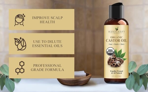 71nX3c1sbpL._SL1500_.jpg Handcraft Blends Organic Castor Oil - 4 Fl Oz - 100% Pure and Natural - Premium Grade Carrier Oil for Hair Growth, Eyelashes and Eyebrows - Hair and Body - Expeller-Pressed & Hexane-Free
