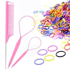 71nY7W57bZL._SL1500_.jpg IKOCO Girls' Hair Styling Kit with 1000 Colorful Rubber Bands, 2 Topsy Tail Tools, Rat Tail Comb and Small Hair Bands