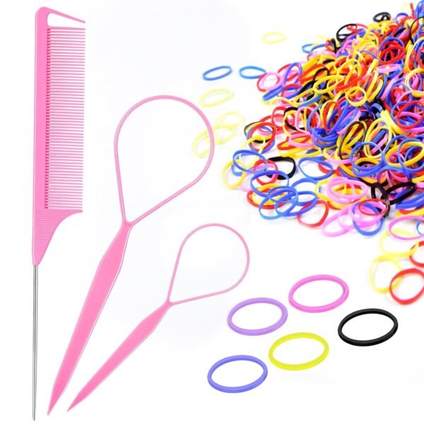 71nY7W57bZL._SL1500_.jpg IKOCO Girls' Hair Styling Kit with 1000 Colorful Rubber Bands, 2 Topsy Tail Tools, Rat Tail Comb and Small Hair Bands