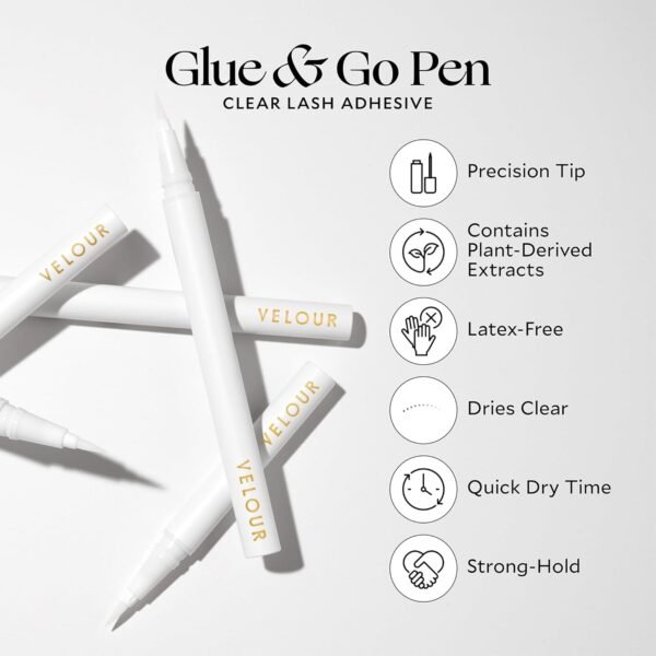 Velour Glue & Go Pen Clear Lash Adhesive - Precision Tip Lash Glue Liner Pen - Beginner Friendly Lash Adhesive Pen for False Eyelashes - Gentle & Dermatologist Tested - Eyelash Glue Pen Dries Clear