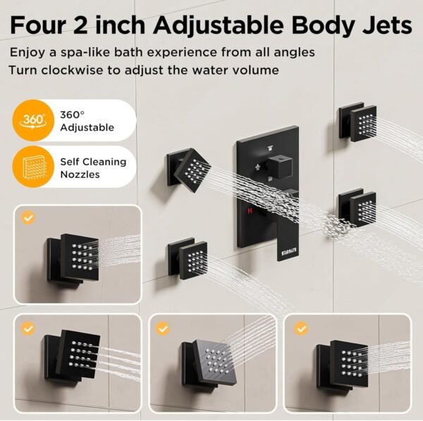 Shower Faucet Sets Matte Black Shower System,STARBATH 4 Way 12+6" Dual Head Shower Set Complete with 2 in 1 Handheld,Ceiling Mounted Rainfall Shower Head with 4 Body Spray Jets, Shower Jets System