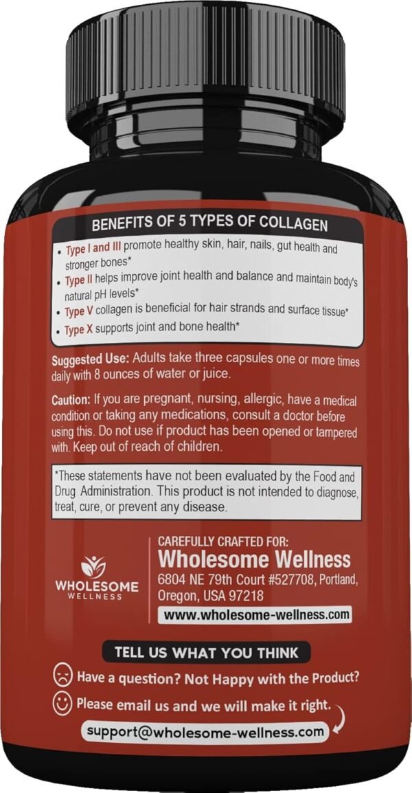 Wholesome Wellness Super-Absorb Multi Collagen Pills (Type I II III V X) Organic Herbs & Bioperine - Hair, Skin, Nails, Joints - Hydrolyzed Peptides Protein Supplement for Women & Men (90 Capsules)