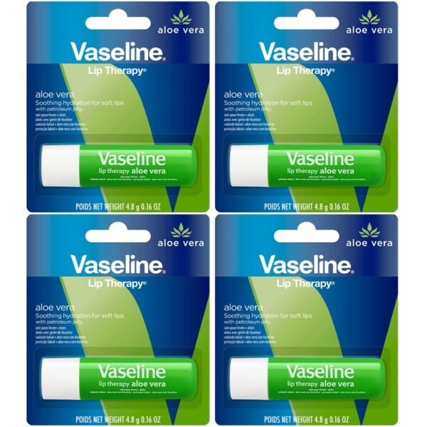 Vaseline Lip Therapy Care Aloe Fresh, Fast-Acting Nourishment, Ideal for Chapped, Dry, Cracked, or Damaged Lips, Lip Balm, 4-Pack, 0.16 Oz Each