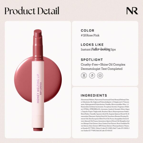 71oRix7ilL._SL1500_.jpg Nature Republic HONEY MELTING LIP (18 ROSE PINK) SOFT LIP STICK, Hydrating Gloss, Moisturizing balms, Sheer tint, Shine & Nude, Glowy Finish, korean make up