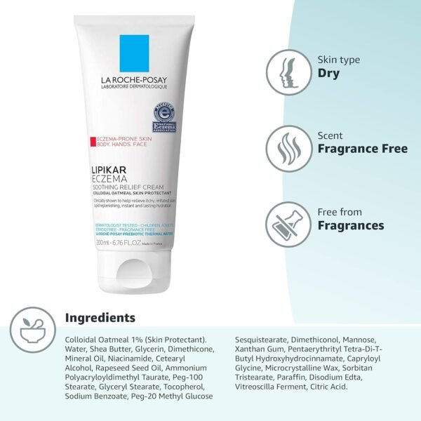 La Roche-Posay Lipikar Soothing Relief Eczema Cream, Face and Body Lotion For Eczema and Sensitive, Dry Skin, Moisturizer with Colloidal Oatmeal to Relieve Irritation