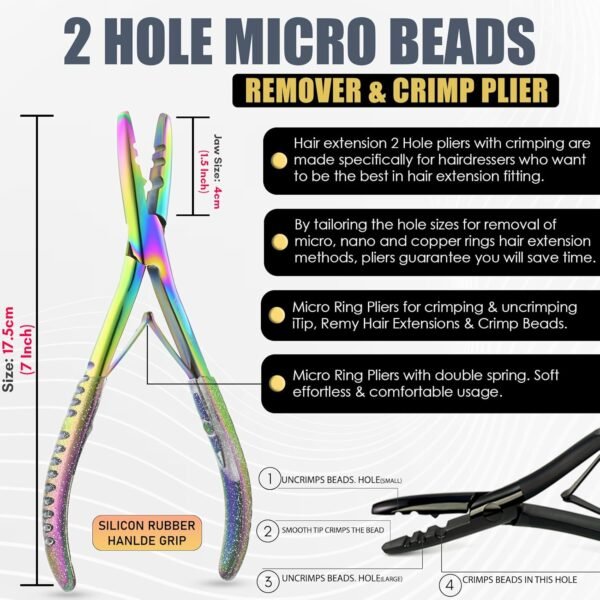 Hair Extension Tools Kit Includes 2 HoleMicro Beads Microlink Crimping Plier, 12pcs Sectioning Clips, Quick Parting Tool, Mini Scissor & C Type Needles, Loop Tool (Rianbow)