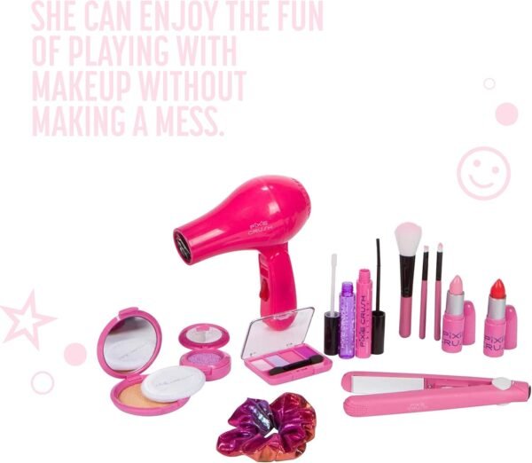 PixieCrush Kids Makeup Kit - Play Hair Styling and Pretend Beauty Set with Hair Dryer and Flat Iron - Fake Makeup for Girls Ages 3-10 - Comes in a Pink Carrying Case