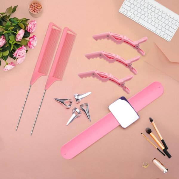 71pevo5AgVL._SL1500_.jpg Hair Styling Tools Set - 17 Pieces Including Sectioning Rings, Tail Combs, Clips, and Wrist Pin Holder for Braiding (Pink)