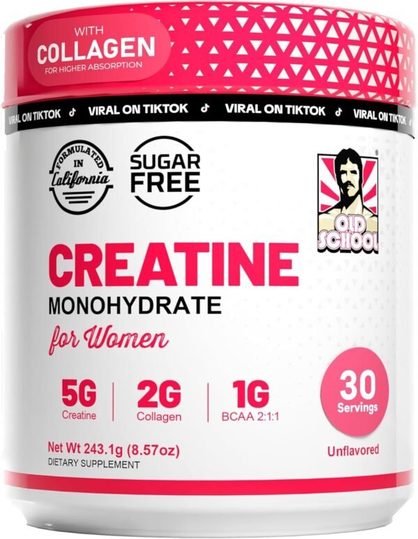 Old School Labs 5000mg Creatine Monohydrate Powder, Optimized Creatine for Women +2000mg Collagen +1g BCAA 2:1:1 Supports Lean Muscles & Recovery, Energy & Stamina - Made in USA, 30 Servings