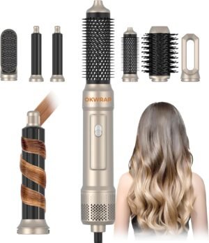 71pkqbvoN0L._AC_SL1500_.jpg 6 in ONE Blow Dryer Brush,Air Curling Iron Round Brush for Blow Out 800W,Ionic Hair Dryer Brush for Women, Blowout Brush Air Styler Curler (Golden Champagne)