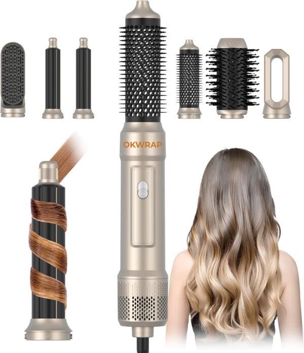 6 in ONE Blow Dryer Brush,Air Curling Iron Round Brush for Blow Out 800W,Ionic Hair Dryer Brush for Women, Blowout Brush Air Styler Curler (Golden Champagne)