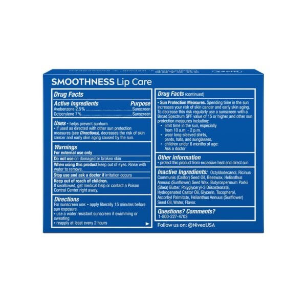 71po5zgg16L._SL1500_.jpg NIVEA Smoothness Lip Care, Sunscreen Lip Balm with SPF 15 Broad Spectrum, Shea Butter, Nourishing Oils and Vitamin C & E, 3-in-1 Moisture, Repair and Sunscreen, 0.17 Oz Stick, Pack of 4