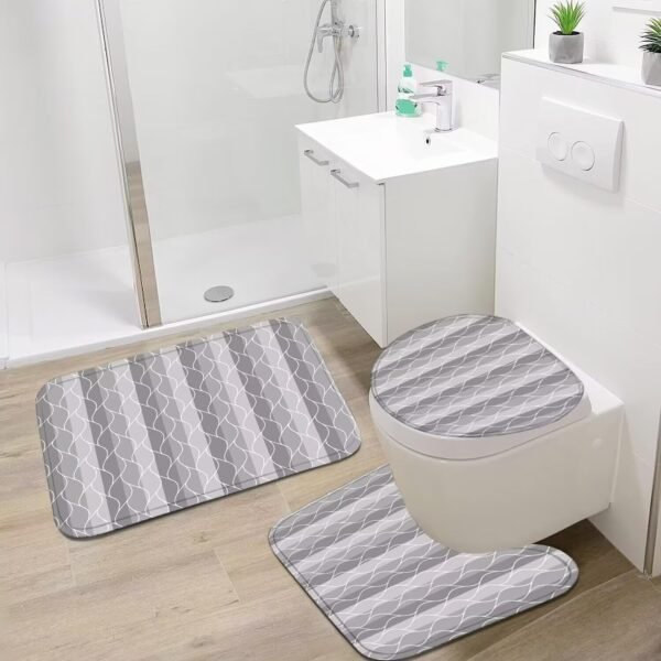 DDQQ 4Pcs Grey Shower Curtain Set with Rugs Stripe Bathroom Sets Geometric Wave Lines Shower Curtain with 12 Hooks Bathroom Decor with Rugs Bath Accessories with Mats Toilet Lid Cover
