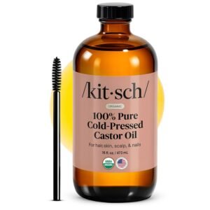 71pv8KUyAYL._SL1500_.jpg Kitsch Organic Castor Oil for Hair Growth - 100% Pure Castor Oil, Organic Cold Pressed Unrefined Glass Bottle for Face, Skin, Lashes, Brows, Scalp, Nails & Belly Button - Hexane Free, USDA - 16 oz