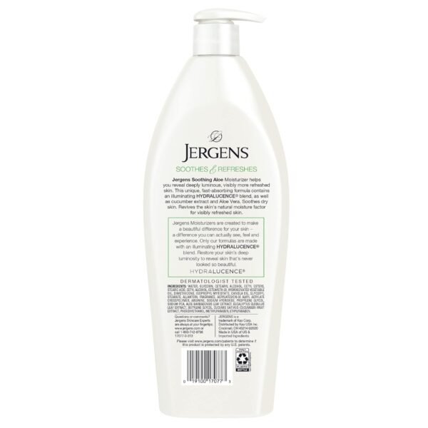 Jergens Soothing Aloe Body Lotion, Aloe Vera Body and Hand Moisturizer, Illuminating Hydralucence Blend, with Cucumber Extract, Dermatologist Tested, 21 Oz