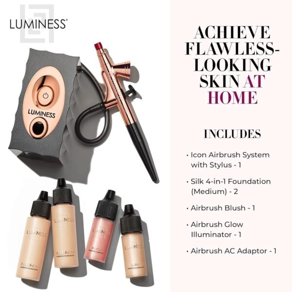 71qcQ3aTclL._SL1500_.jpg Luminess Air Icon Makeup Airbrush System and 4-Piece Foundation Starter Kit, Medium Coverage - Quick, Easy & Long Lasting Application - Includes Silk 4-In-1 Foundation, Highlighter & Blush