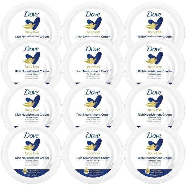 71qdAf-5naL._SL1500_.jpg Dove Body Love Rich Nourishment Cream, Face, Hand & Body Lotion for Extremely Dry Skin, Fast-Absorbing 72-Hour Moisturizing Cream with Ceramide Serum, Travel Size, 2.53 Oz (Pack of 12)