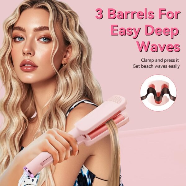 71qlh82r8sL._AC_SL1500_.jpg Curling Iron Hair Crimper Waver - CHIKYO 3 Barrel Rovy Wave Curling Iron, 1.25 Inch Ionic Beach Waves Curling Wand, Deep Waver Hair Curler Hot Tool with Ceramic for Women, Dual Voltage, Easy to Use