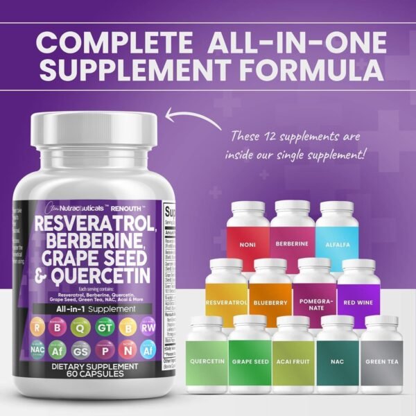 71qnU1bcFL._AC_SL1500_.jpg Clean Resveratrol Supplement | Berberine Grape Seed Extract Quercetin Green Tea Extract Acai Noni Polyphenol Supplement for Women & Men Anti Aging N-Acetyl Cysteine NAD Booster
