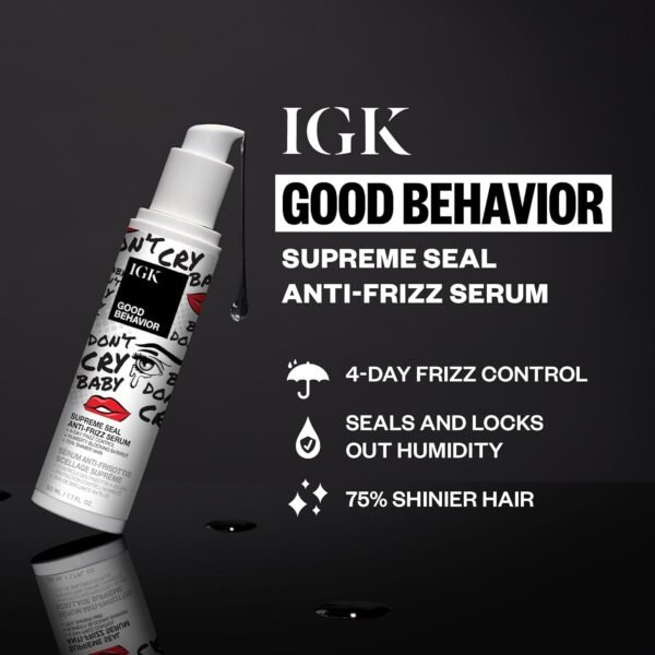 IGK Good Behavior Anti-Frizz Smoothing Serum – Boosts Shine, Seals Out Humidity, UV & Heat Protection, For Dry Frizz-Prone Hair, 1.3 oz