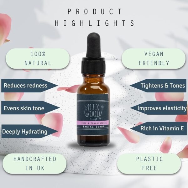 71r77U4orNL._SL1500_.jpg The Ilex Wood - Rose and Frankincense Face Serum - 100% Natural, Vegan, Moisturising, Anti Ageing, Wrinkle & Line Reducing Ingredients, Cruelty Free, Palm Oil Free, Plastic Free, Handcrafted - 20ml (0.68 fl oz)