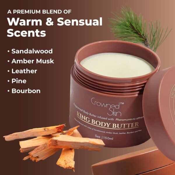 King Cologned Body Butter | Warm and Sensual Scent | Blended with Sandalwood & Leather | Infused with Organic Shea & Mango Butters | Moisturizing Formula with All-Day Fragrance | 5oz