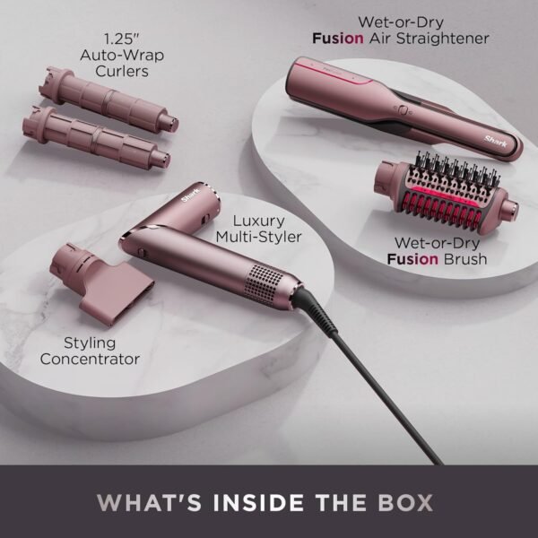 71rEnVkS58L._SL1500_.jpg Shark FlexFusion Hair Straightener & Powerful Hair Dryer with Fusion Hair Brush, Ceramic Air Styler with Auto-Wrap Hair Curlers & Concentrator, Ceramic Plates, Cosmic Blush HD641S