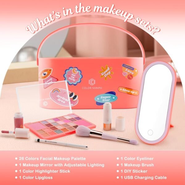 Color Nymph Makeup for Kids丨Kids Makeup Sets for Girls with LED Mirror, Makeup Kit for Teens Non-Toxic with 26-Color Vegan Face Palette Highlighter Lipgloss Eyeliner Brush