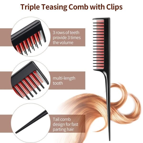 Patelai 3 Pcs Hair Teasing Comb Set Includes 2 Nylon Triple Comb and Boar Bristle Teaser Brushes for Women Stylist Men Backcombing Slicking Curly Thick Wet Hair(Black)