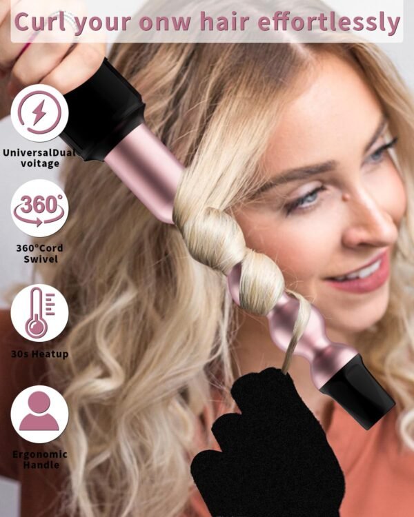 6 in 1 Curling Iron, Curling Wand Set with 3 Barrel Curling Iron and 5 Interchangeable Ceramic Curling Wand (0.35"-1.25”), Instant Heat Up 2 Temp Wand Curler, Include Heat Protective Glove & 2 Clips