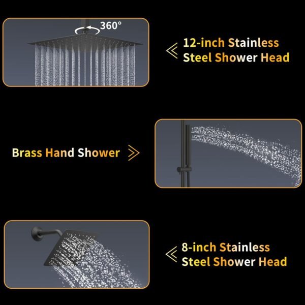AYIVG Matte Black Dual Shower Heads System with 12 And 8 Inch Rainfall and 2 in 1 Handheld Spray Wand Adjustable Slide Bar Ceiling Mount Shower Faucet Temperature Display Button Shower Set