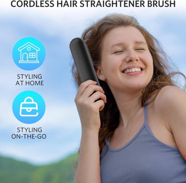 71rUNfJe7uL._AC_SL1500_.jpg Cordless Hair Straightener Brush – Portable Ionic Hot Comb with 65W Fast Charger, Mini Travel Hair Straightening Brush for Women, Lightweight for On-The-Go Styling (Black)