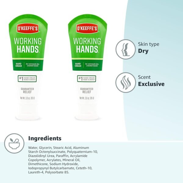O'Keeffe's Working Hands Hand Cream for Extreme Dryness - 3 oz Tube (2 Pack) - Repairing Skincare for Cracked, Dry Hands