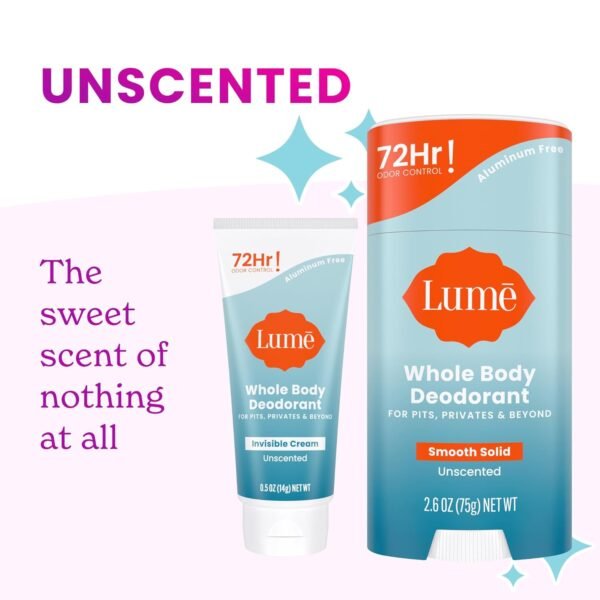 Lume Whole Body Deodorant - Invisible Cream Tube Mini + Solid Stick Bundle - 72 Hour Odor Control - Aluminum & Baking Soda Free, Skin Loving (Unscented)