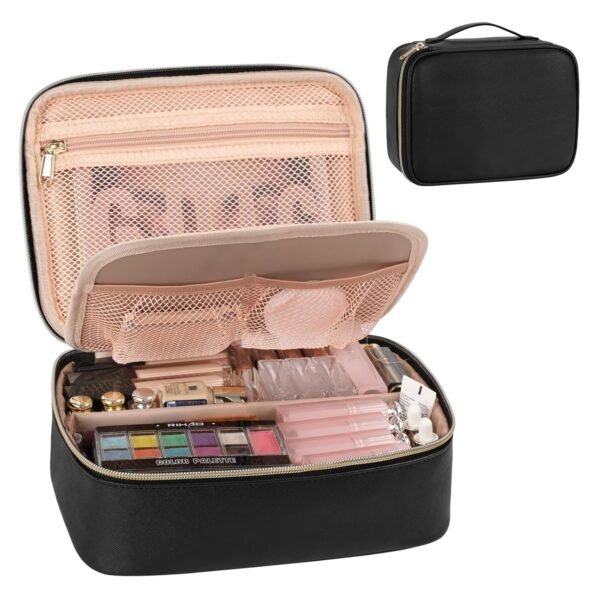 OCHEAL Makeup Bag, Cute Makeup Organizer Bag Potable Make up Bag for Cosmetics Toiletry Accessories with Divider and Brushes Compartments, Travel Case Cosmetic Bags Women and Girls-Black