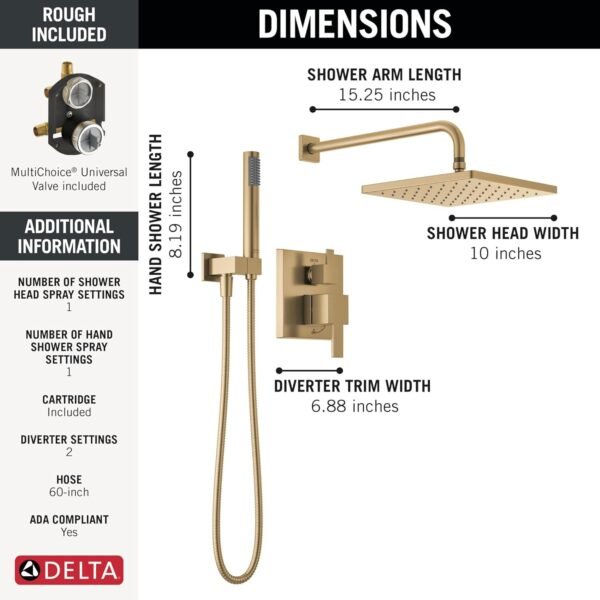 Delta Modern 14 Series Square Rain Shower System Faucet Set, Rainfall Brushed Gold Shower Head and Handle Set, Valve Trim Kit, 10 Inch, Champagne Bronze 342701-CZ