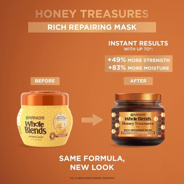 Garnier Whole Blends Honey Treasures Repairing Mask, for Dry, Damaged Hair, 11.5 Fl Oz, 2 Count (Packaging May Vary)