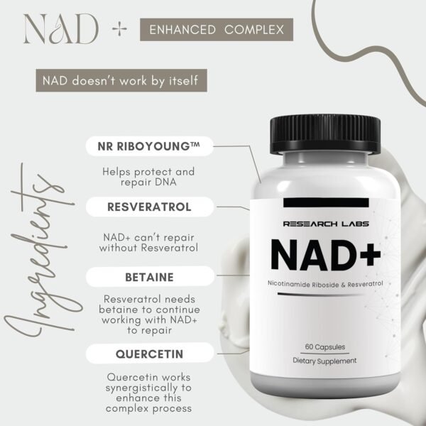 71sjTs9tN2L._AC_SL1500_.jpg Research Labs NAD+ Supplement 2 for 1 Ad. Proprietary Formula w/Patent Pending RiboYOUNG™. NRF2 Activator, Nicotinamide Riboside, Quercetin, Resveratrol, Betaine. True NAD Supplement Anti Aging…