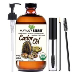 71sut6iYcL._SL1500_.jpg Mayan's Secret - 16 oz Pure Castor Oil Organic Cold Pressed Unrefined Glass Bottle Hexane Free Hair Oil for Hair Growth, Eyelashes, Eyebrows – Oil for Skin, Face, Body