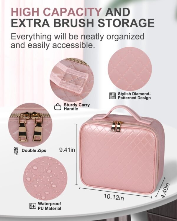 71syZsTraSL._SL1500_.jpg Travel Makeup Bag with LED Mirror, Makeup Organizer Train Case with 1X,2X,3X Vanity Mirror, Adjustable Brightness in 3 Color Settings, Portable Make up Bag with Makeup Brush Holder Storage, Pink