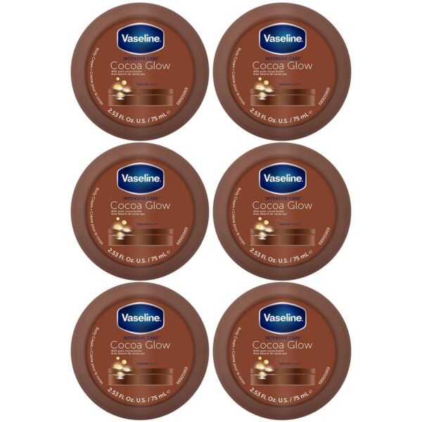 Vaseline Cocoa Glow Body Cream 6-Pack – Pure Cocoa Butter 48H Moisturizing Cream for Dry Skin, Travel-Size, 2.53 Fl Oz Ea