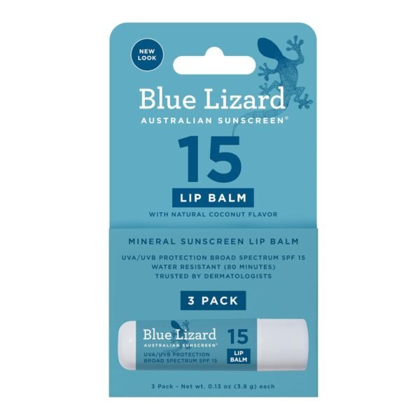 3-Pack Blue Lizard Mineral SPF 15 Lip Balm: Broad Spectrum Sun Protection, Natural Coconut Flavor, 8 Natural Oils, Infused with Australian Kakadu Plum, Rich in Vitamin C, Vegan, Each Tube 0.13 oz.