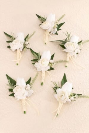 Set of 6 White Boutonniere for Men Wedding Groom Groomsmen Artificial Tulip Rose Flowers Boutonniere for Prom Homecoming Ceremony Anniversary Formal Dinner Party