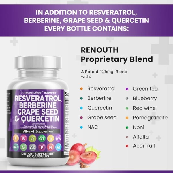 71tx3uGMhgL._AC_SL1500_.jpg Clean Resveratrol Supplement | Berberine Grape Seed Extract Quercetin Green Tea Extract Acai Noni Polyphenol Supplement for Women & Men Anti Aging N-Acetyl Cysteine NAD Booster