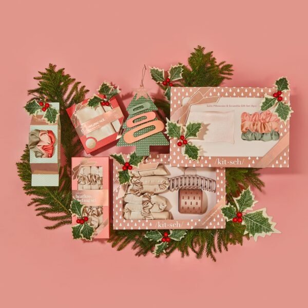 Kitsch Satin Heatless Hair Curler Styling 5pc Gift Set - Satin Heatless Hair Curler w/ 2 Scrunchies, Ceramic Thermal Roller & Claw Clip, Gifts for Women, Hair Roller Styling & Accessories- Champagne